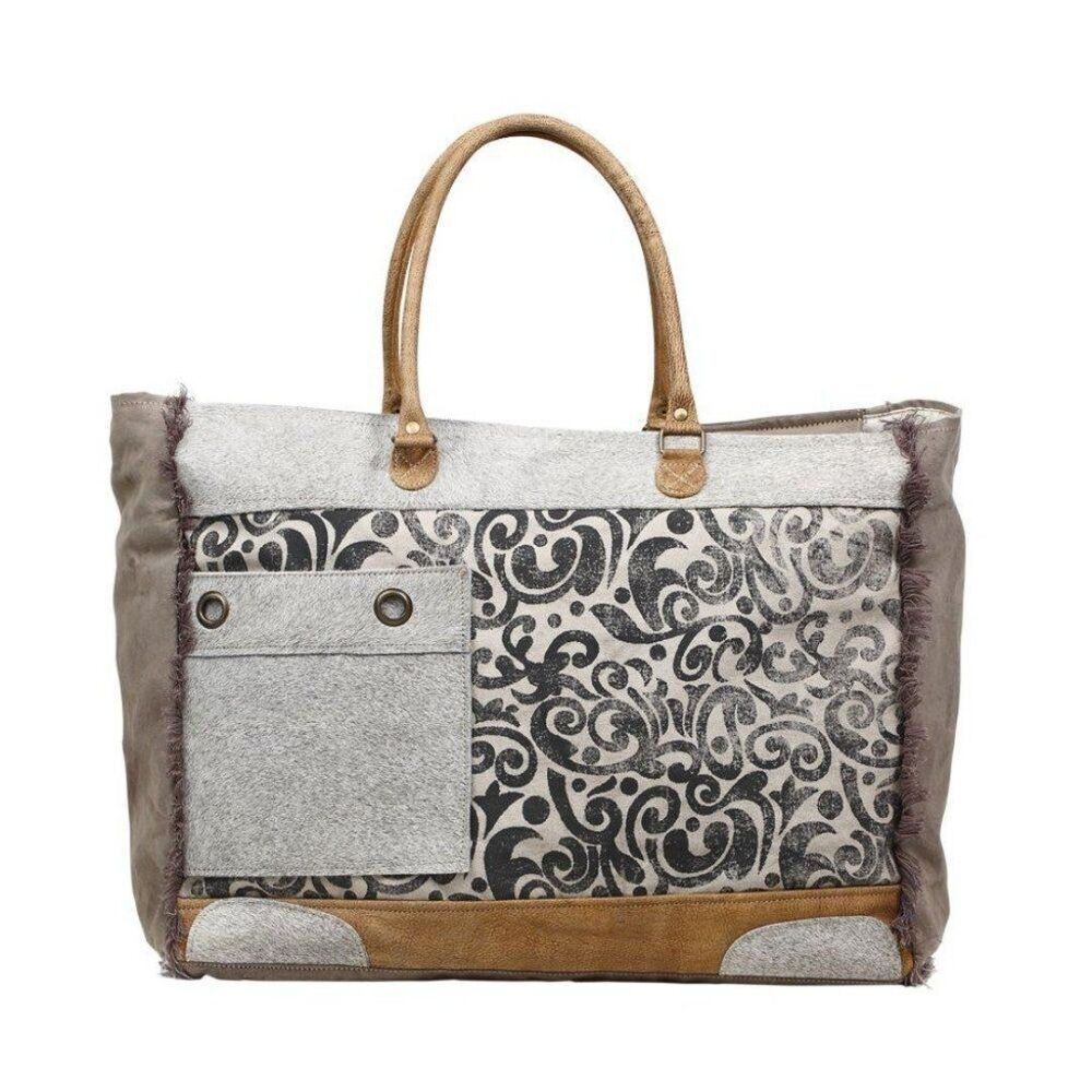 Myra Bag Handmade Hide Weekender Bag Upcycled Canvas & Cowhide Leather